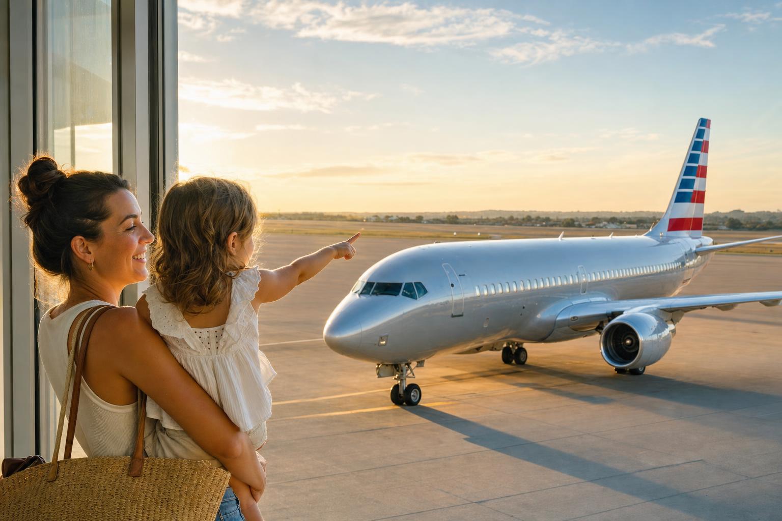 A mother holds her young daughter at a terminal window in warm golden light as the child points toward an American Airlines jet parked on the tarmac.