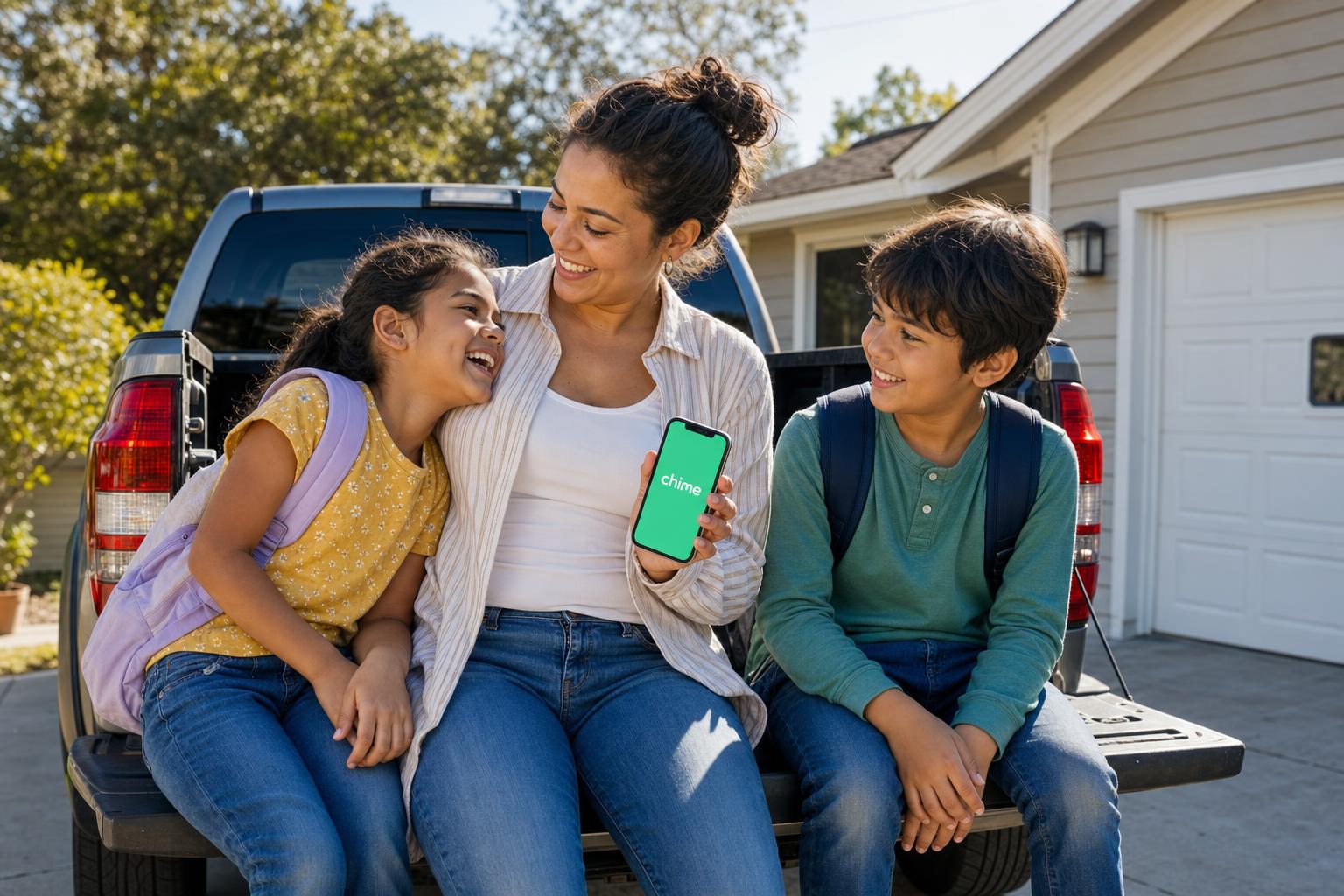 A mother sits on the open tailgate of a pickup truck in a sunlit driveway with her two school-age children, holding up her phone with the mint-green Chime app on screen as the younger child leans into her, laughing.