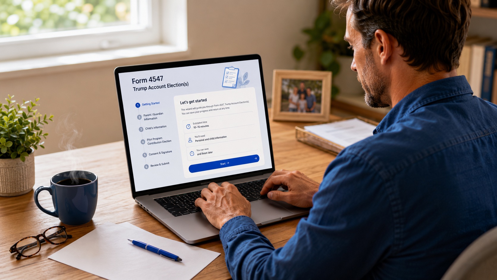 A parent at a home-office desk fills out IRS Form 4547 on their laptop to open their child's Trump Account, with a coffee mug, reading glasses, and a family photo nearby.