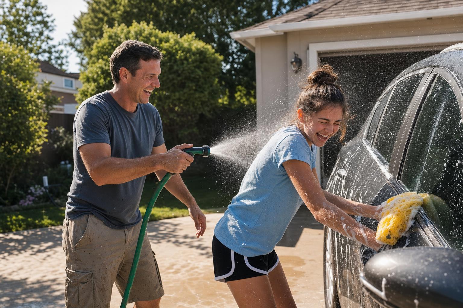 A father and teenage daughter wash a car in the driveway.