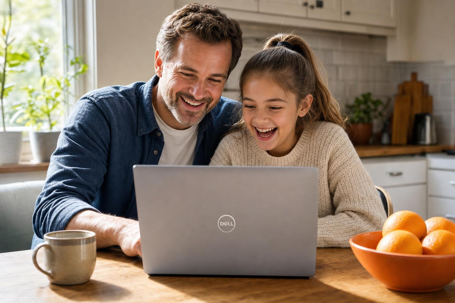 A father and his school-age daughter laugh together over an open Dell laptop at a sunlit kitchen table.
