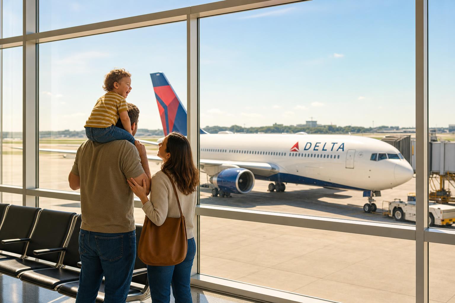 A father carries his laughing toddler on his shoulders as he and the child's mother watch a Delta Air Lines jet parked at the gate through a sunlit terminal window.
