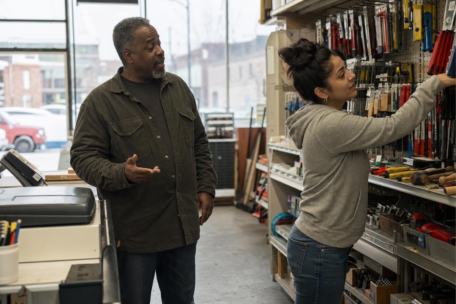 A hardware store owner and a young employee talk near the front register in the soft grey light of early morning, shelves of tools behind them.