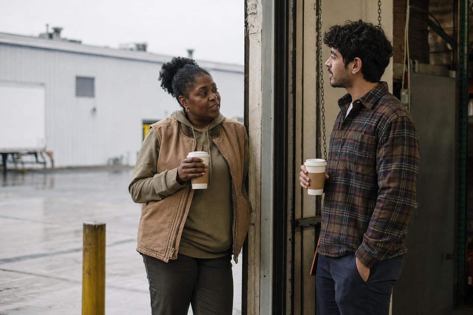Two coworkers talk over coffee near a warehouse loading dock.