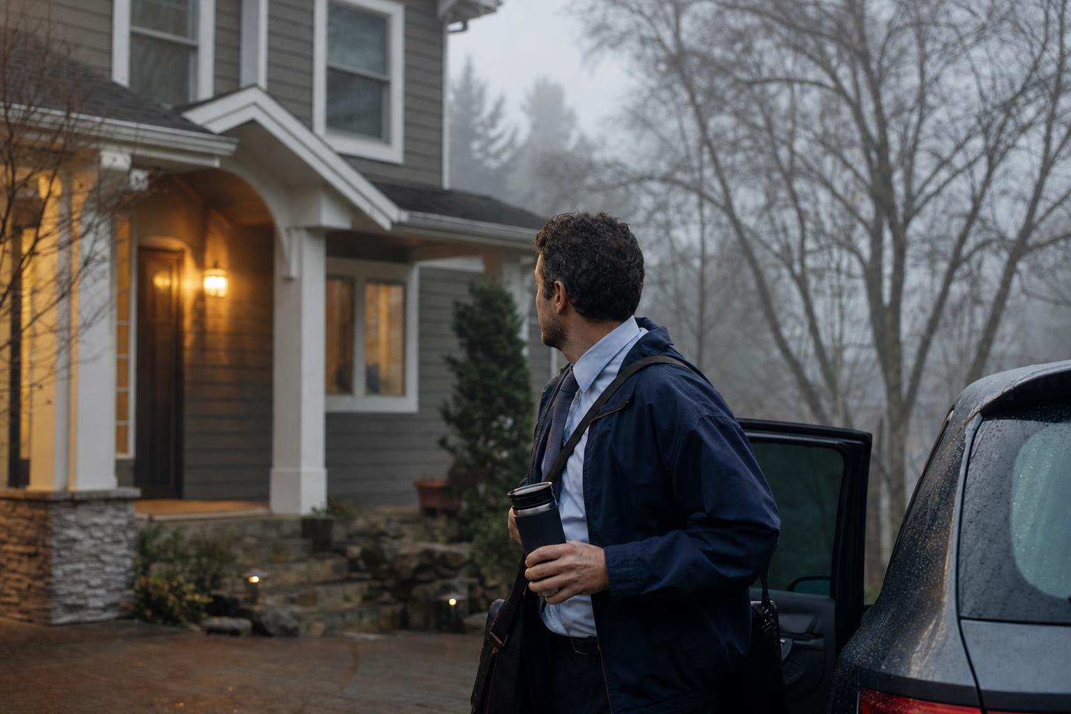 A father in work clothes walks to his car in the misty grey light of early morning, travel mug in hand, pausing to glance back at his house before heading to work.