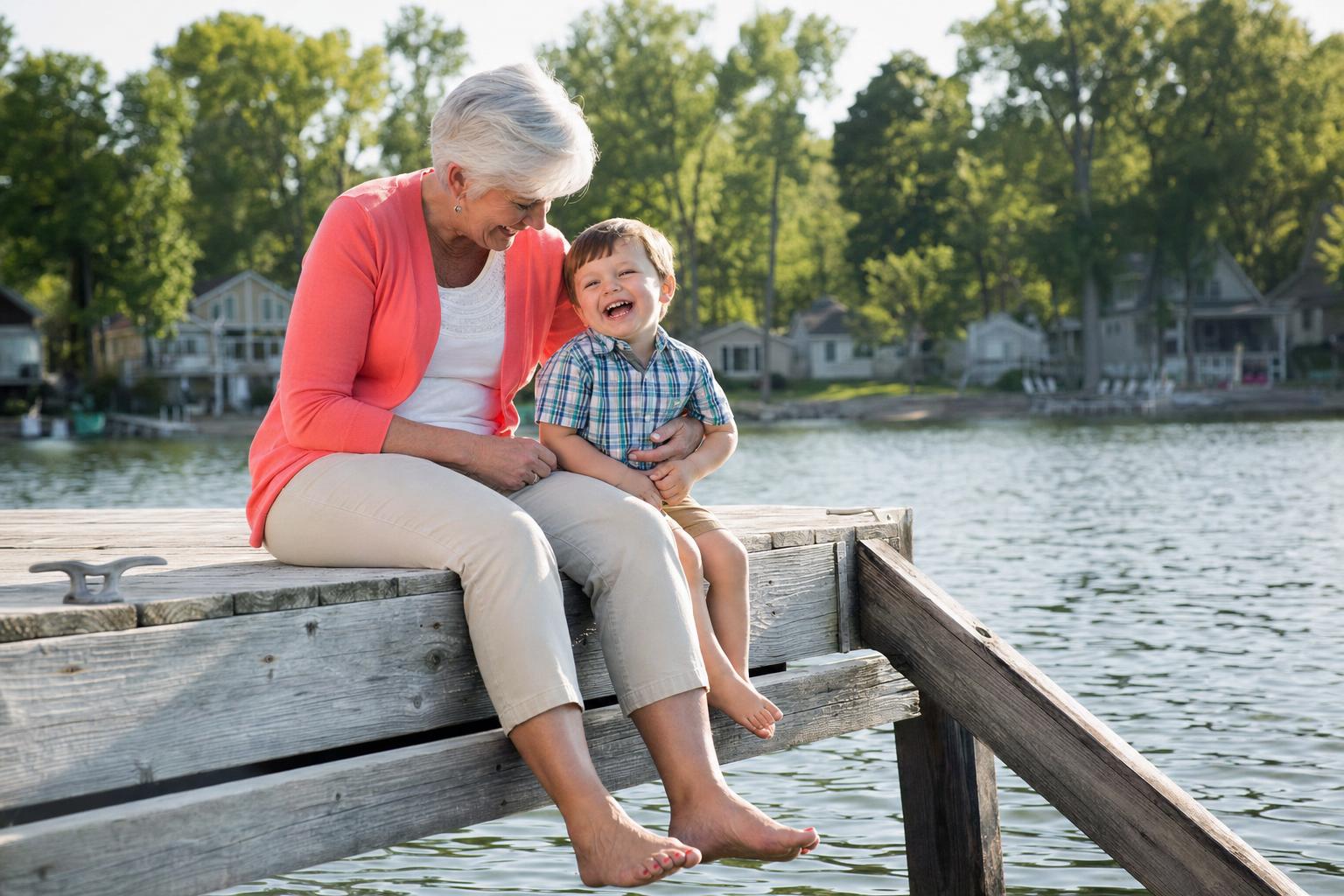 A grandmother and her three-year-old grandson sit on the end of a wooden dock on a small lake in late-morning sun, feet dangling over the water as he laughs.