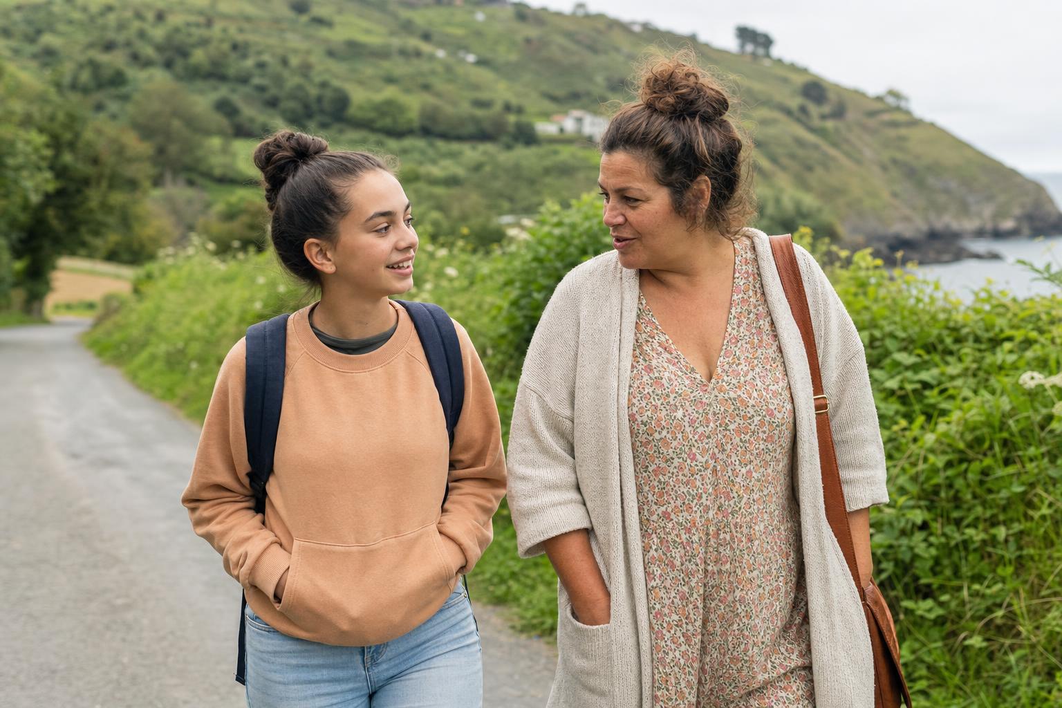 A teenage girl and her foster mother walk together along a green roadside path under an overcast sky, mid-conversation with school bags over their shoulders.