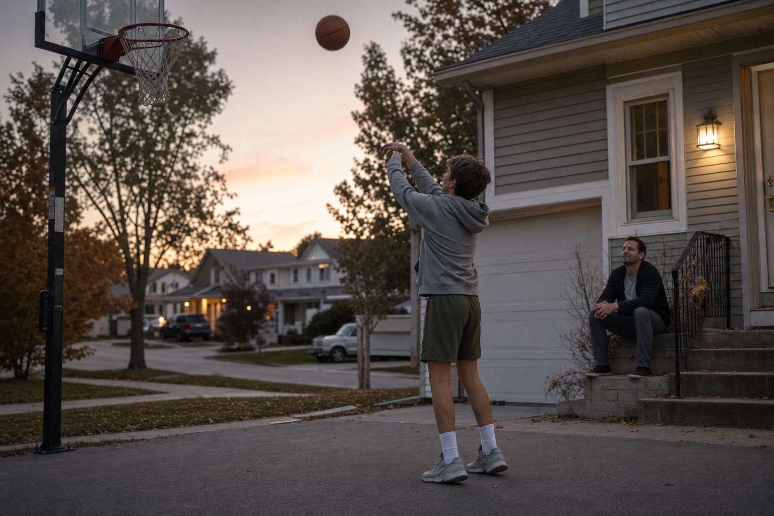 A teenager shoots a basketball at a driveway hoop at dusk while a parent watches from the front steps of a suburban house.