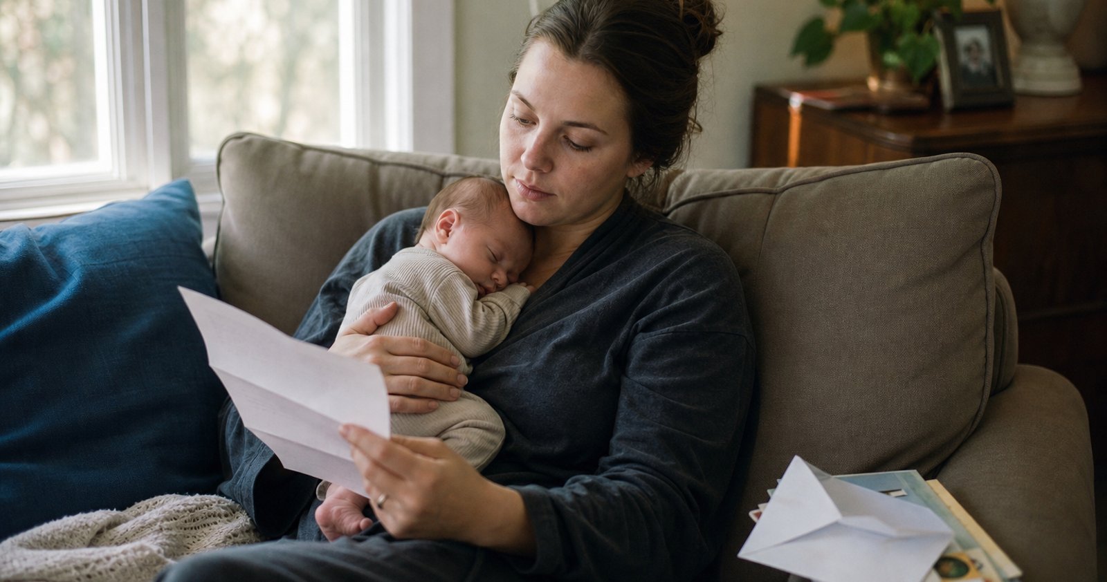 A new mother sits on a living room couch with her sleeping newborn on her chest, reading a letter she has just taken from an opened envelope, soft afternoon light from a window.