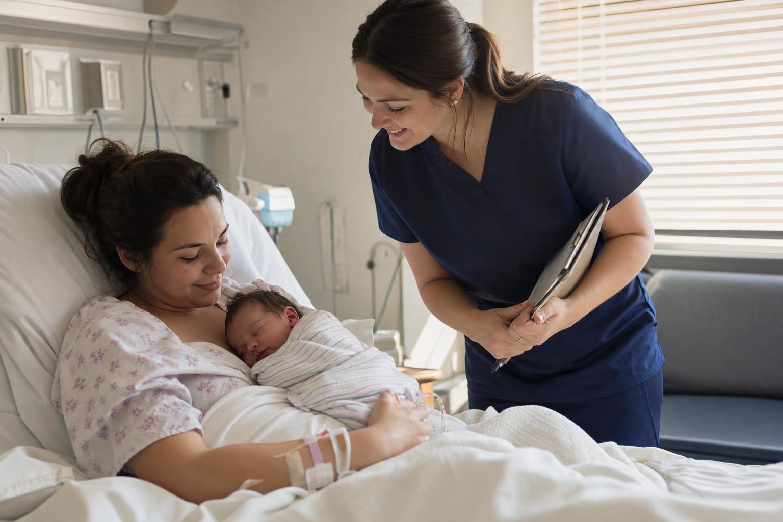 A new mother in a hospital bed cradles her sleeping newborn while a smiling nurse leans in beside her holding a clipboard, midday light through the window blinds.