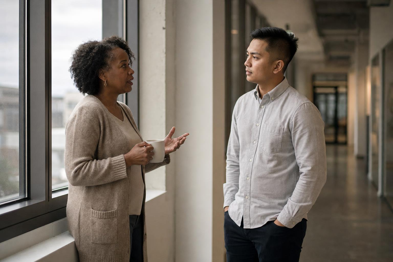 Two coworkers stand talking in a workplace hallway late in the afternoon, one holding a coffee cup, mid-conversation under flat overcast light from a window.