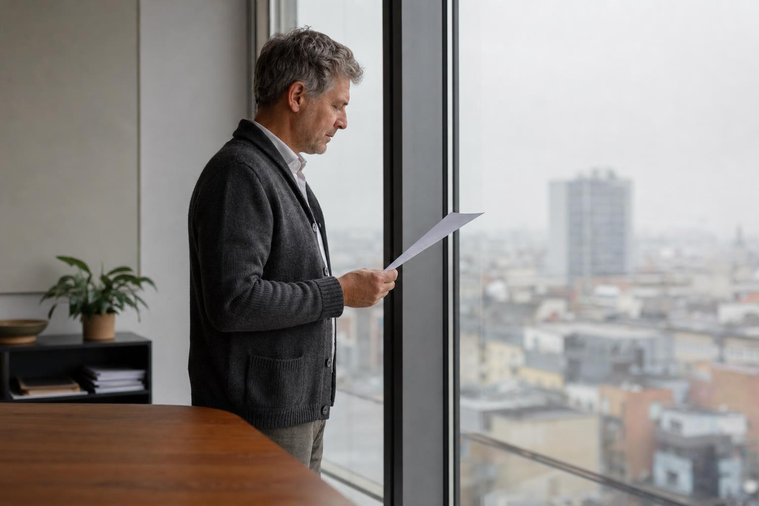 A man in a cardigan stands at a tall office window reading a printed page, a city softly out of focus beyond the glass.