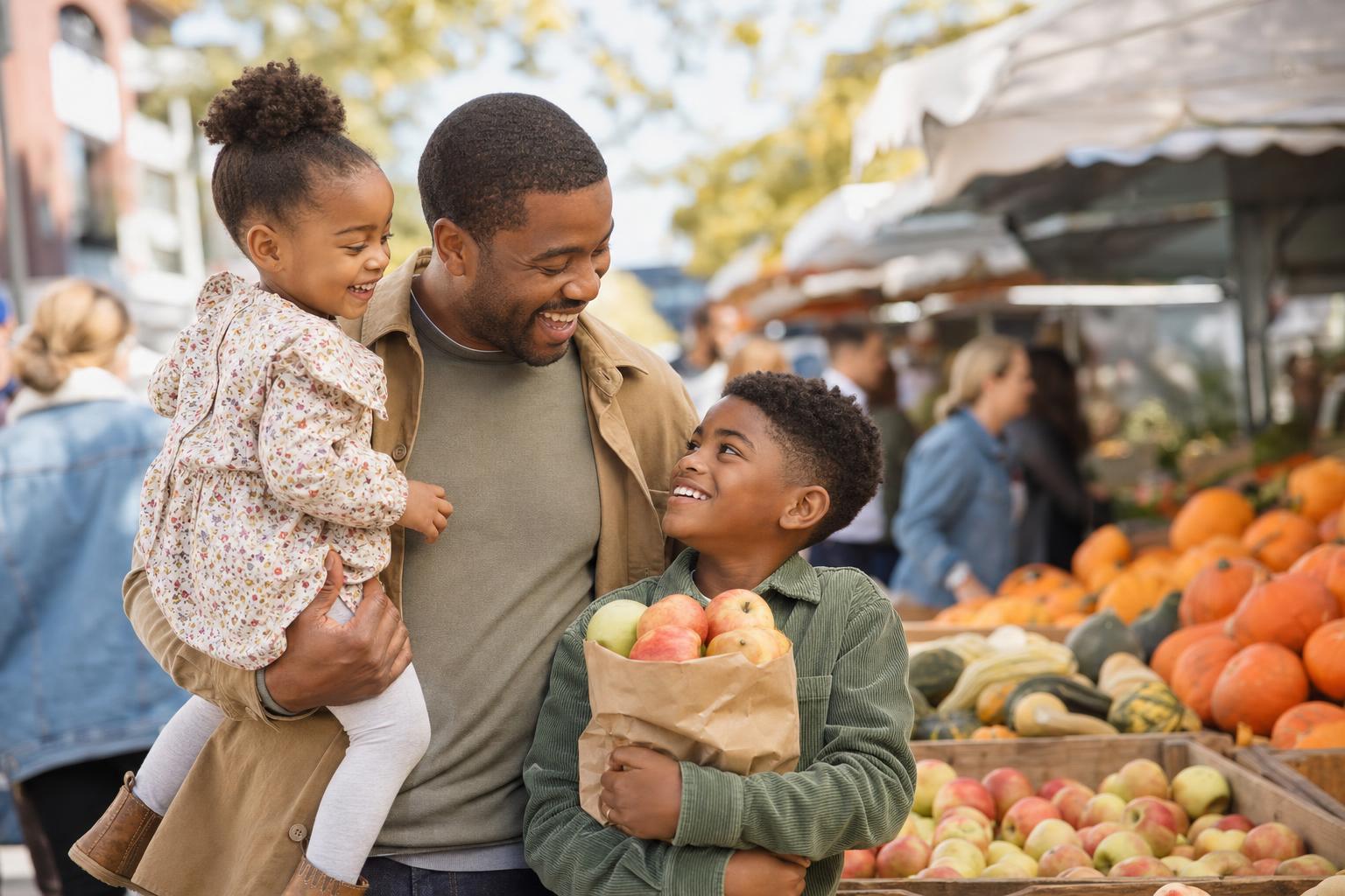 A father laughs with his two young children at an outdoor farmers market on a bright early-autumn morning, the younger child on his hip and the older one holding a paper bag of apples.