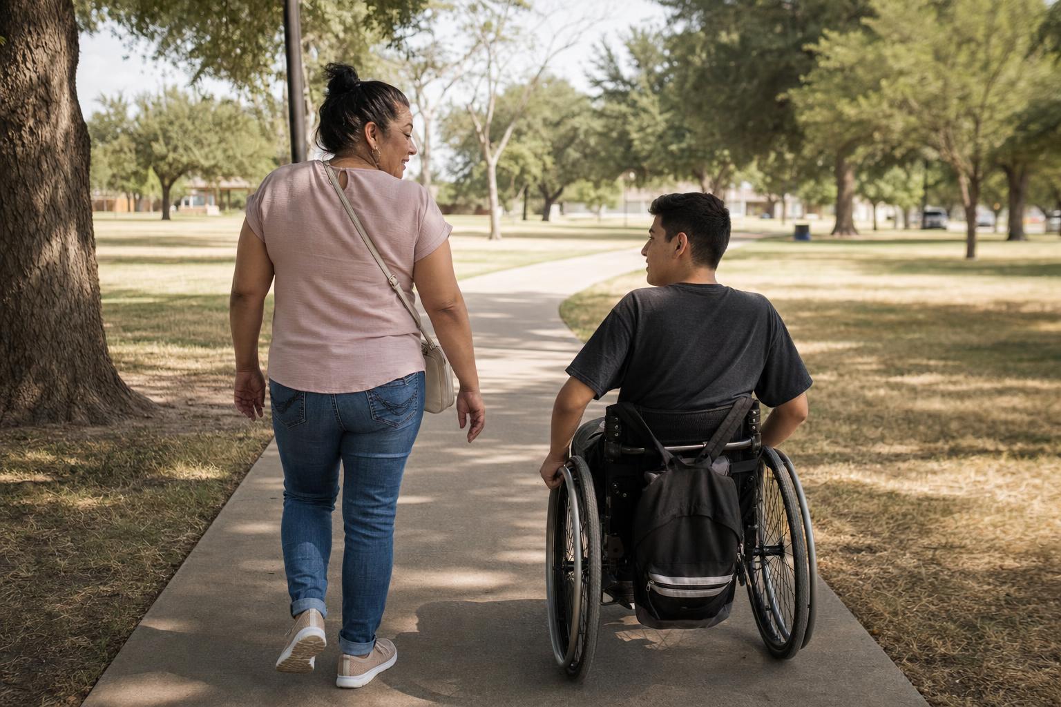 A mother and her teenage son, who uses a wheelchair, make their way along a park path together in the bright hazy light of a late-summer midday, mid-conversation.