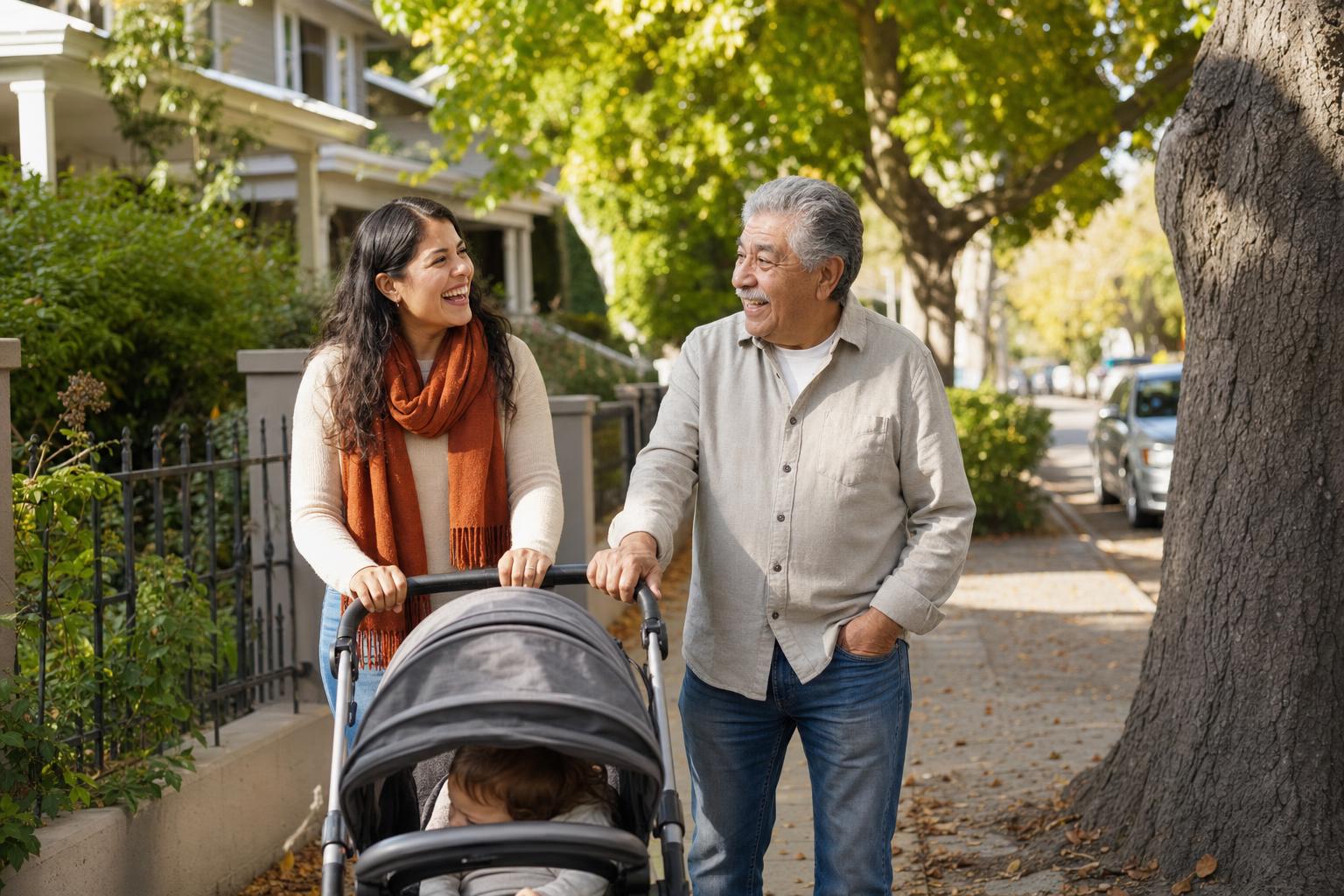 A mother and her father walk a stroller together along a tree-lined suburban sidewalk in warm late-morning sunlight, both mid-laugh.