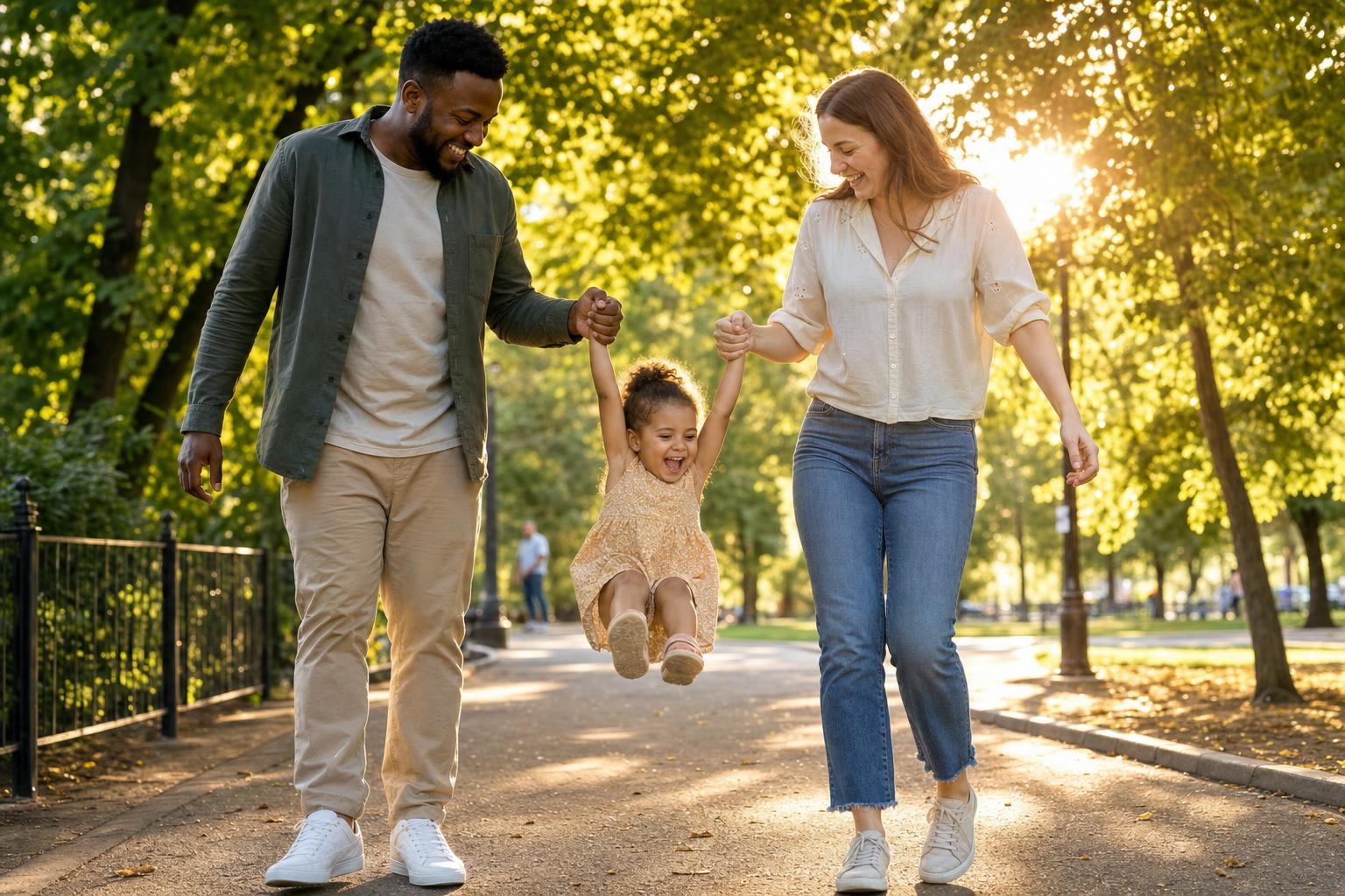 A young couple walk a toddler between them along a sunlit city park path in golden afternoon light, each holding one of her hands as she swings forward mid-step.