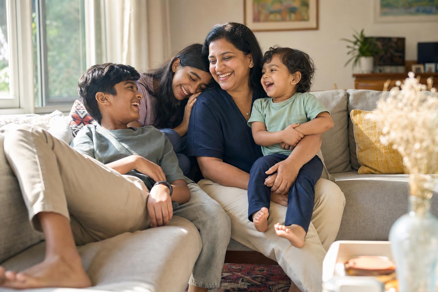 A mother laughs on a sunlit living-room sofa with her three children – a toddler on her lap, a teenage daughter leaning on her shoulder and a school-age son stretched across the cushions.