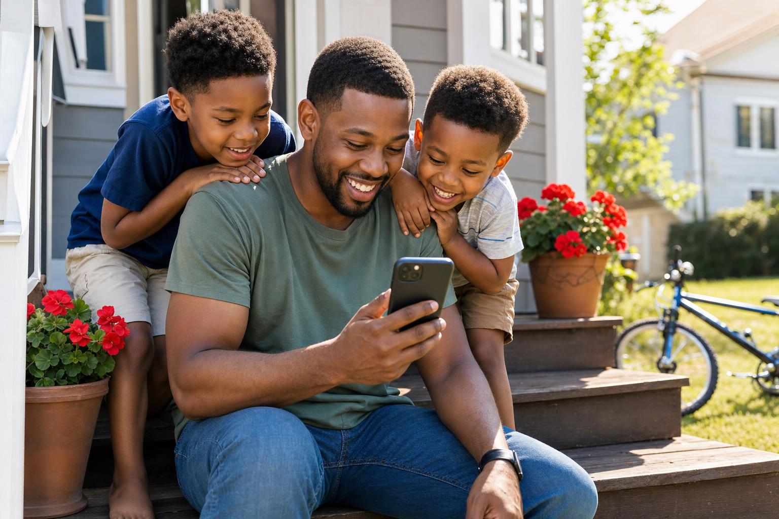 A father sits on his front porch steps in late-morning sun with his phone in hand while his two young sons lean over his shoulders to look, all three grinning.