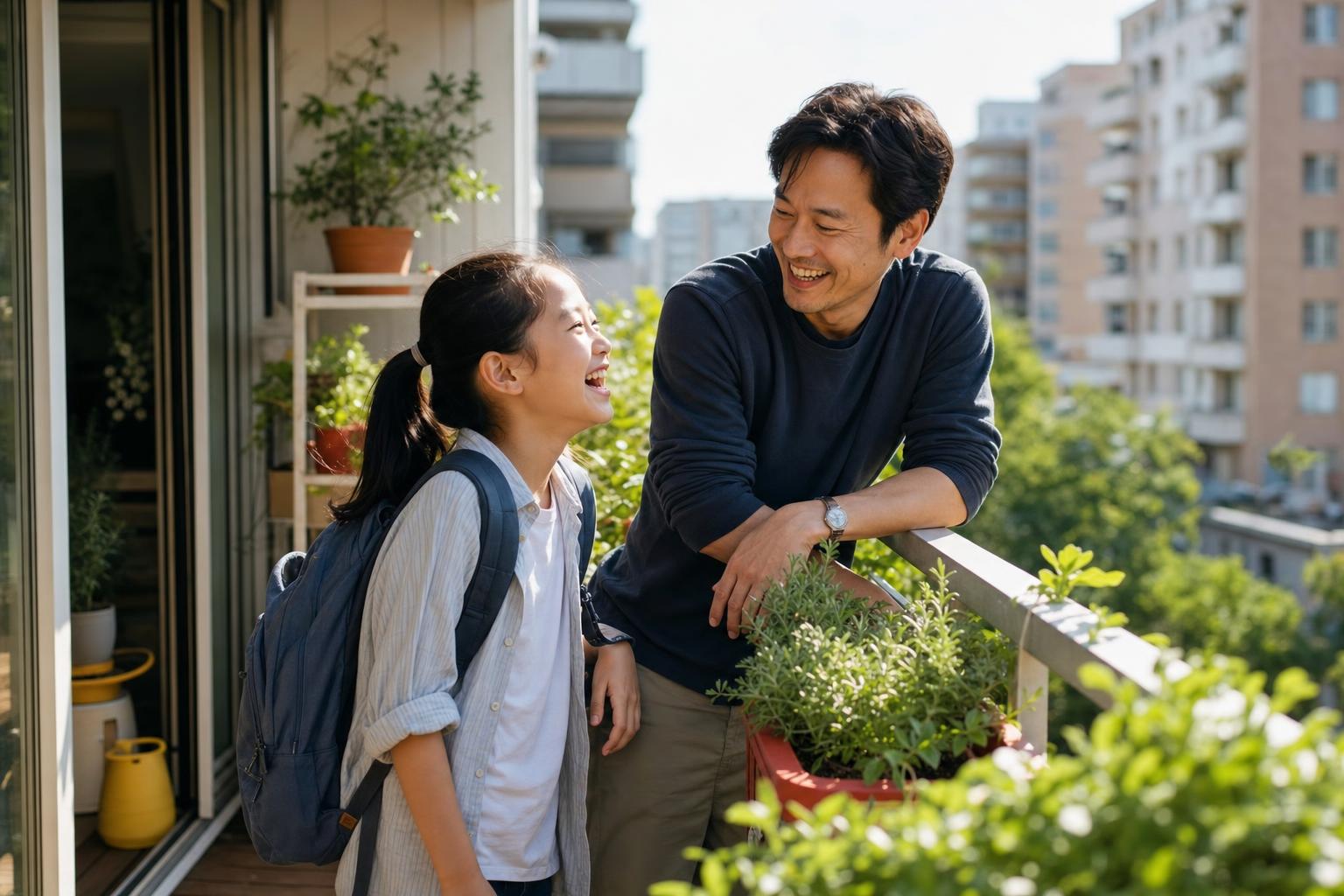 A father and his ten-year-old daughter share a laugh on a sunlit apartment balcony lined with potted plants, a small overnight backpack still on her shoulders.