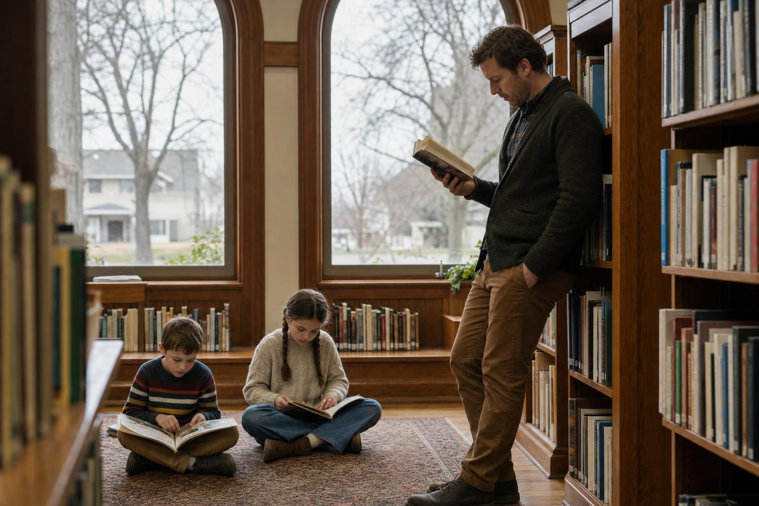 A father in a cardigan leans against a wooden bookshelf in a small suburban library, reading a paperback while his two children sit on a nearby rug with picture books.