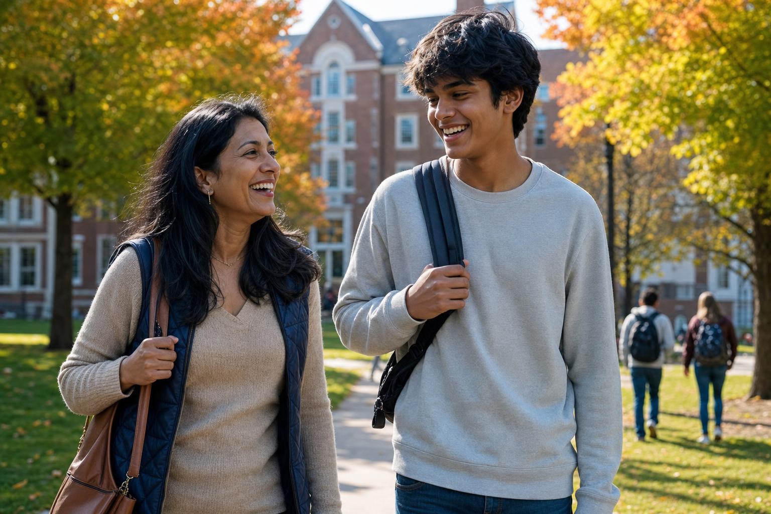 A mother and her teenage son laugh as they walk across a leafy college campus on a sunny autumn morning, his backpack slung over one shoulder.