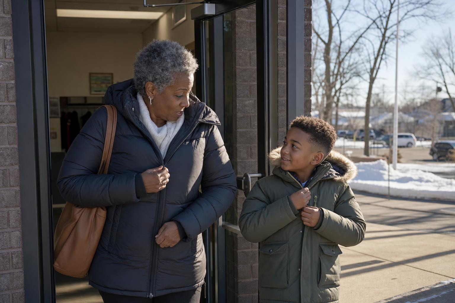 A grey-haired woman and a boy of about eight stand in the open doorway of a small-town community center on a cold bright winter afternoon, both zipping their coats mid-conversation.