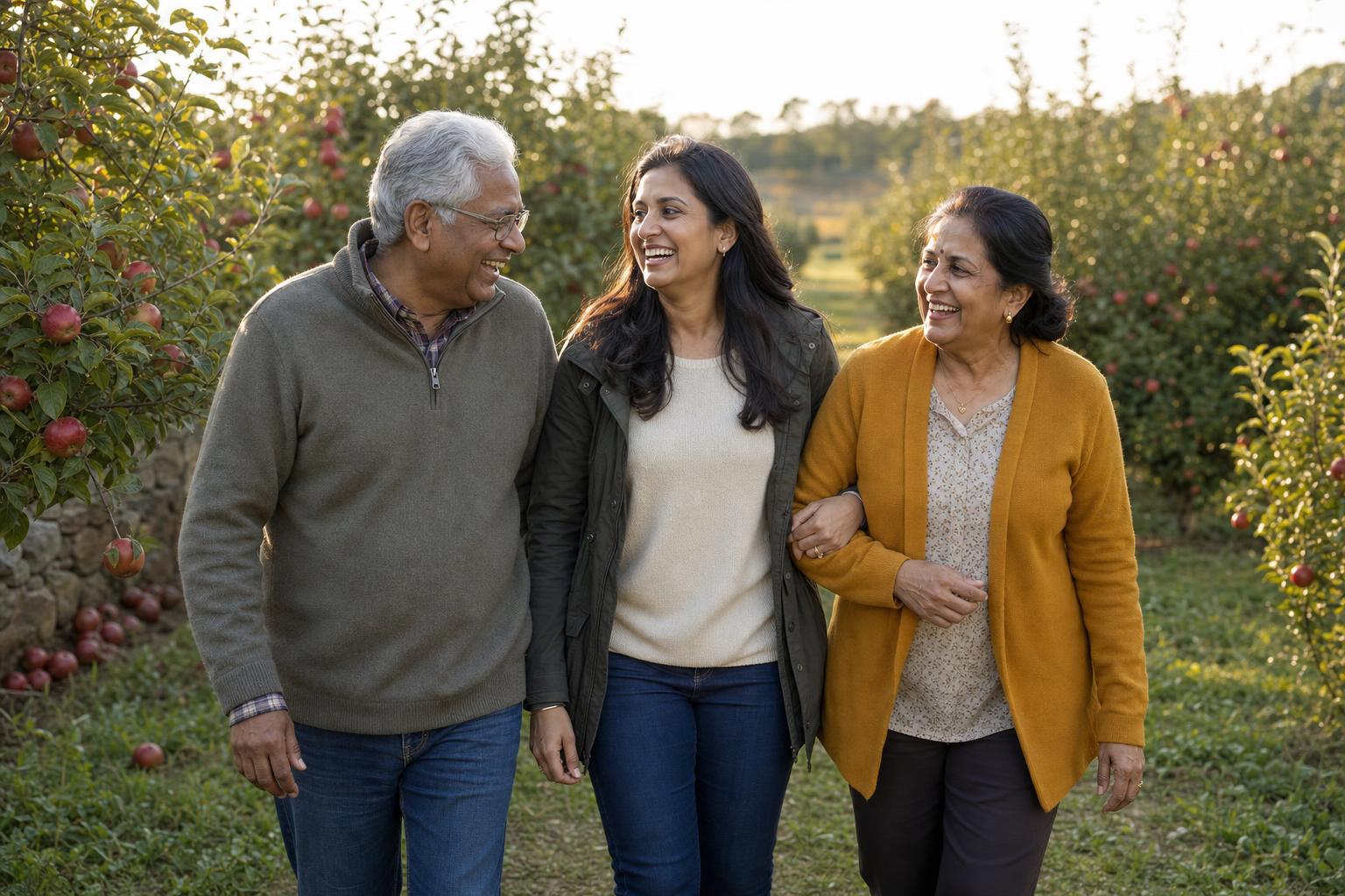 A woman walks with her parents along a sunlit orchard path at golden hour, the three of them smiling as they talk.