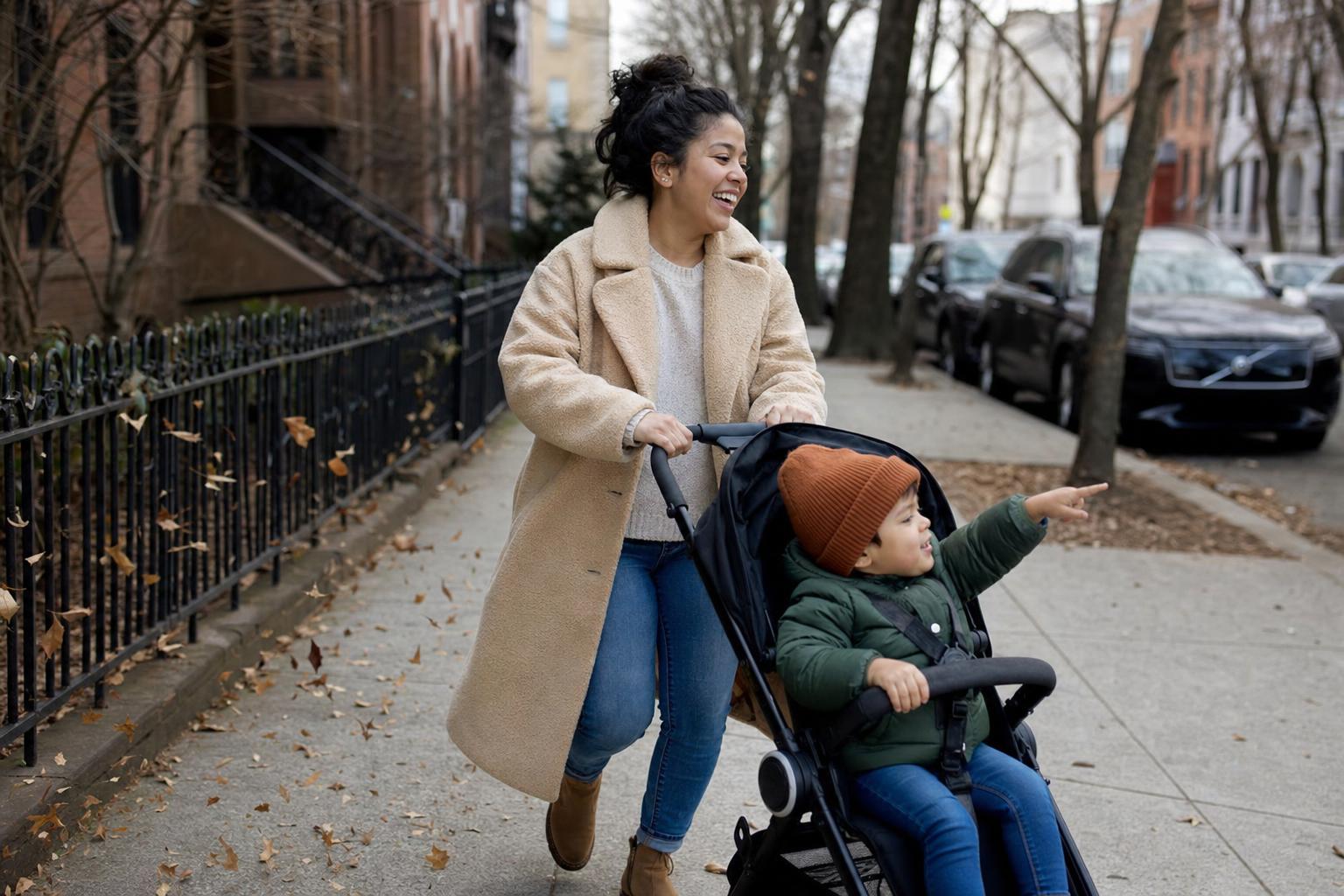 A mother pushes a stroller along a windy, tree-lined sidewalk.