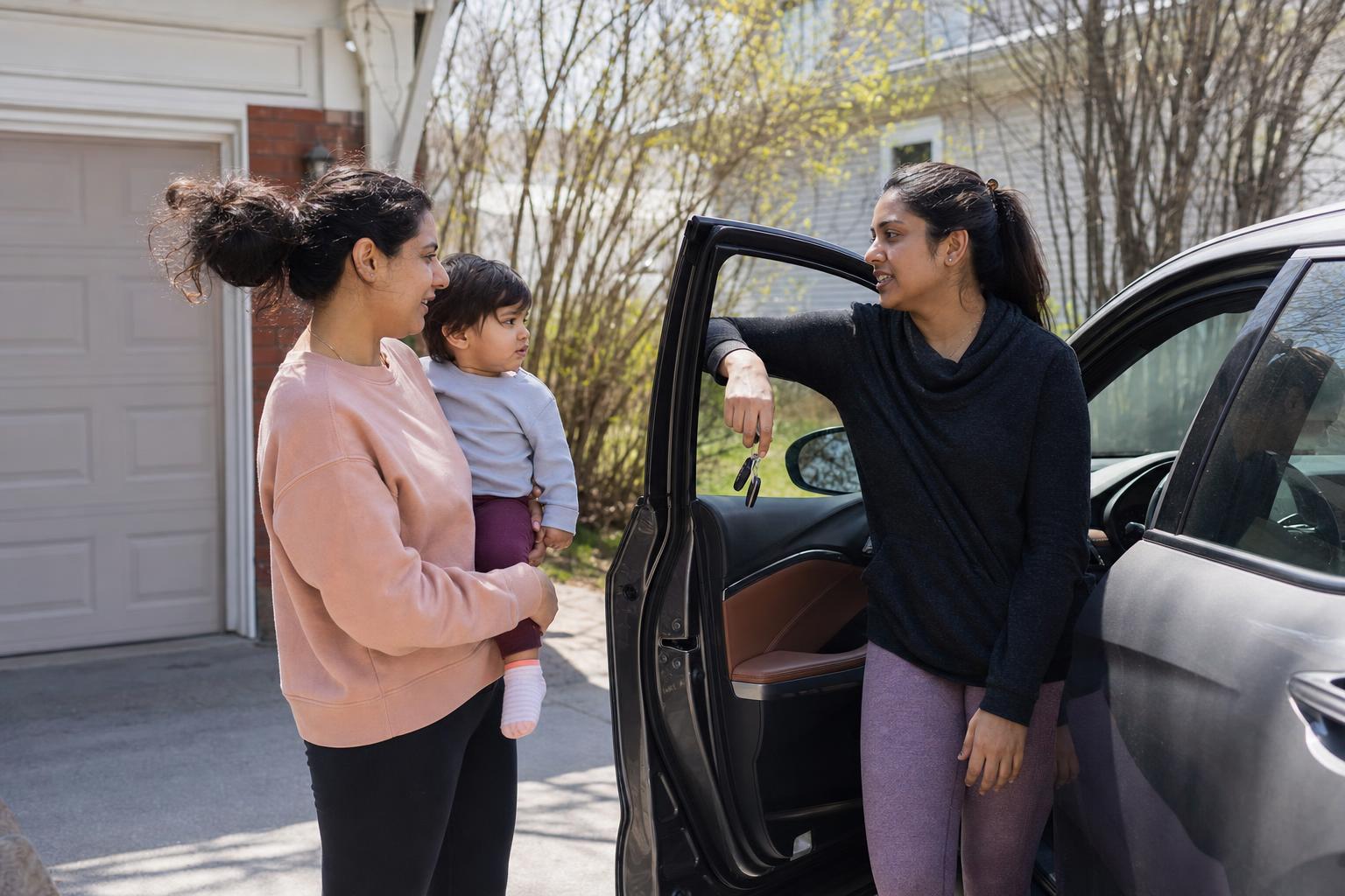 Two sisters stand talking in a driveway at midday in early spring, one holding a toddler on her hip while the other leans against an open car door.