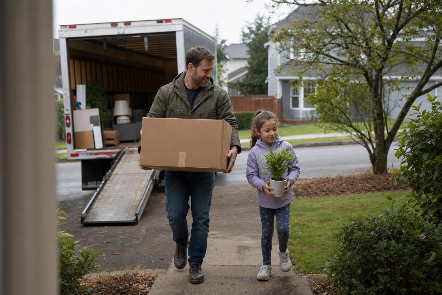A father carries a labeled moving box into a new house while his young daughter walks beside him holding a small potted plant, a moving truck visible on the street behind them.
