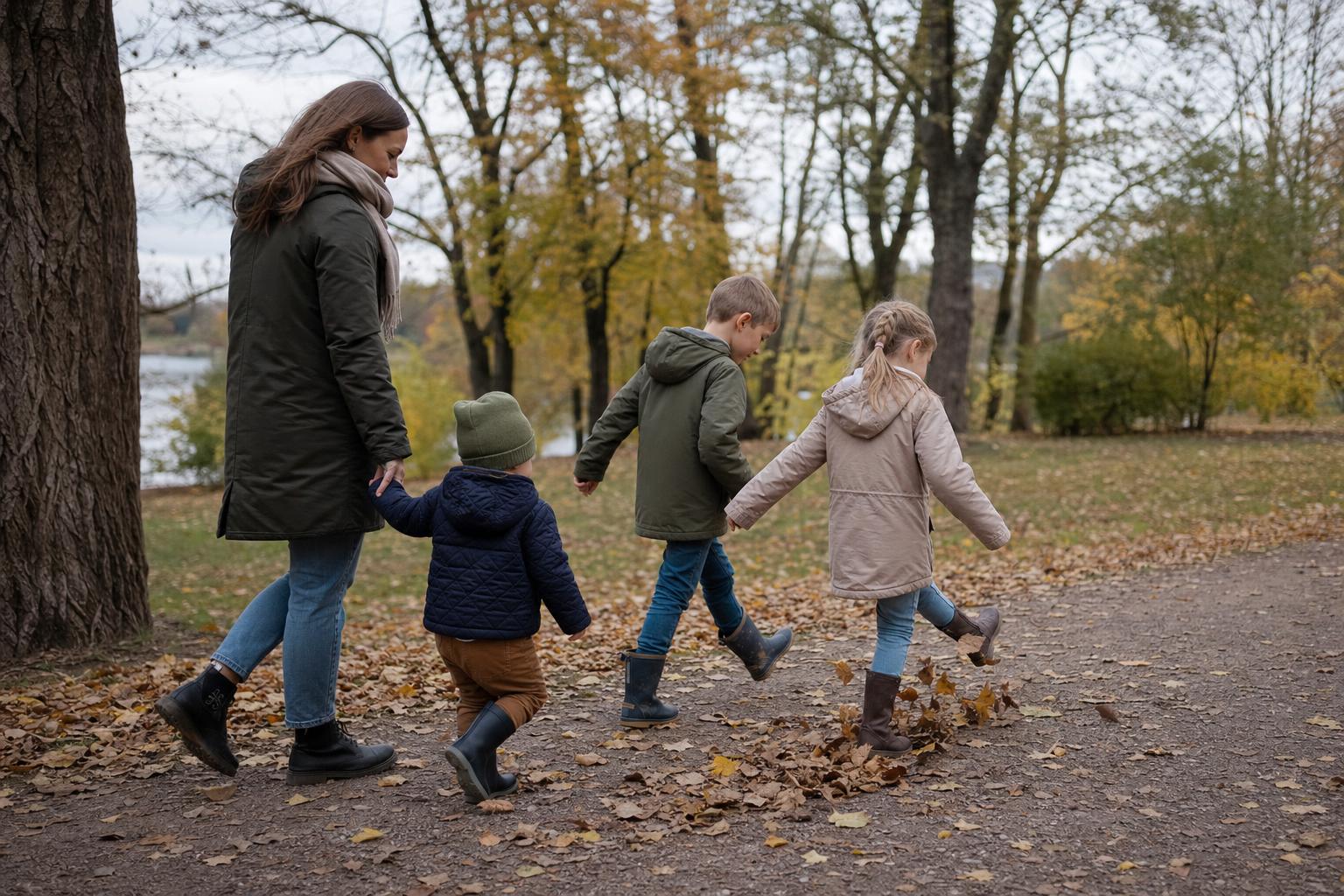 A mother walks through a park in overcast autumn light with her three children of different ages, one holding her hand and two walking ahead kicking through fallen leaves.