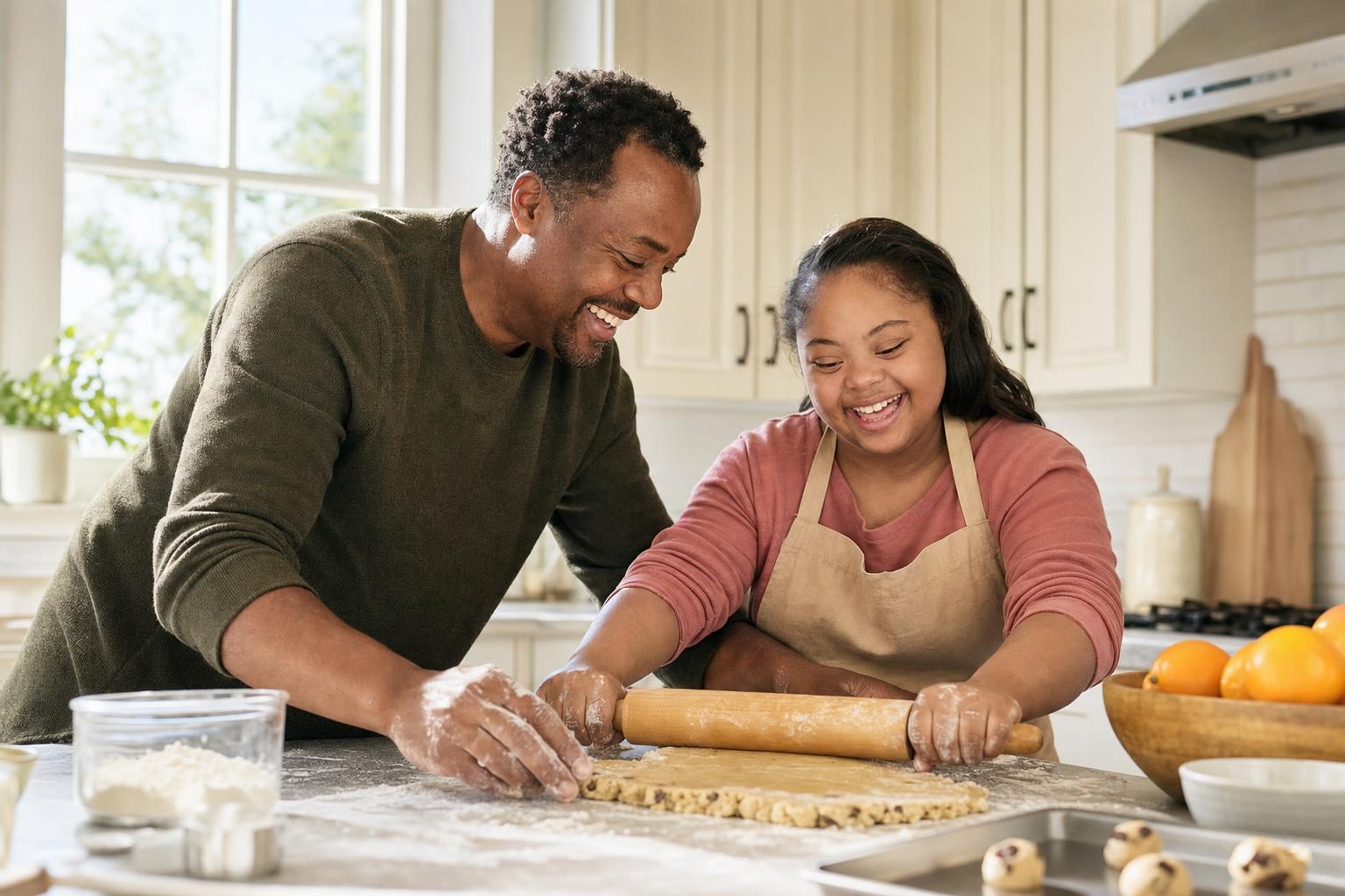 A father and his teenage daughter, who has Down syndrome, laugh together as they roll out cookie dough at a sunlit kitchen counter on a weekend morning.