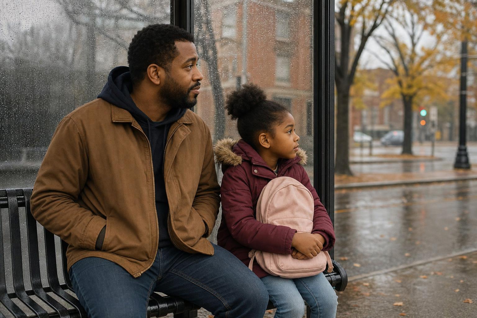 A father and his young daughter sit side by side on a bus shelter bench on a drizzly autumn morning, the girl hugging her backpack as they wait.