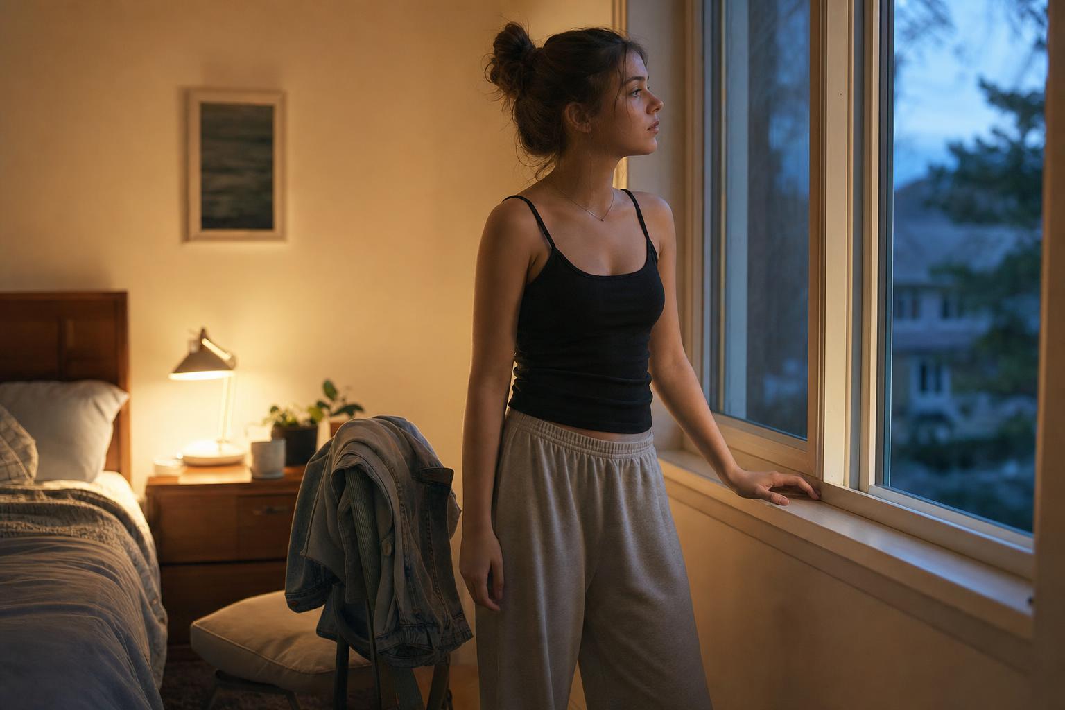 A young woman stands near her bedroom window in the evening, lamp light on, looking out thoughtfully with a light jacket draped over a chair behind her.