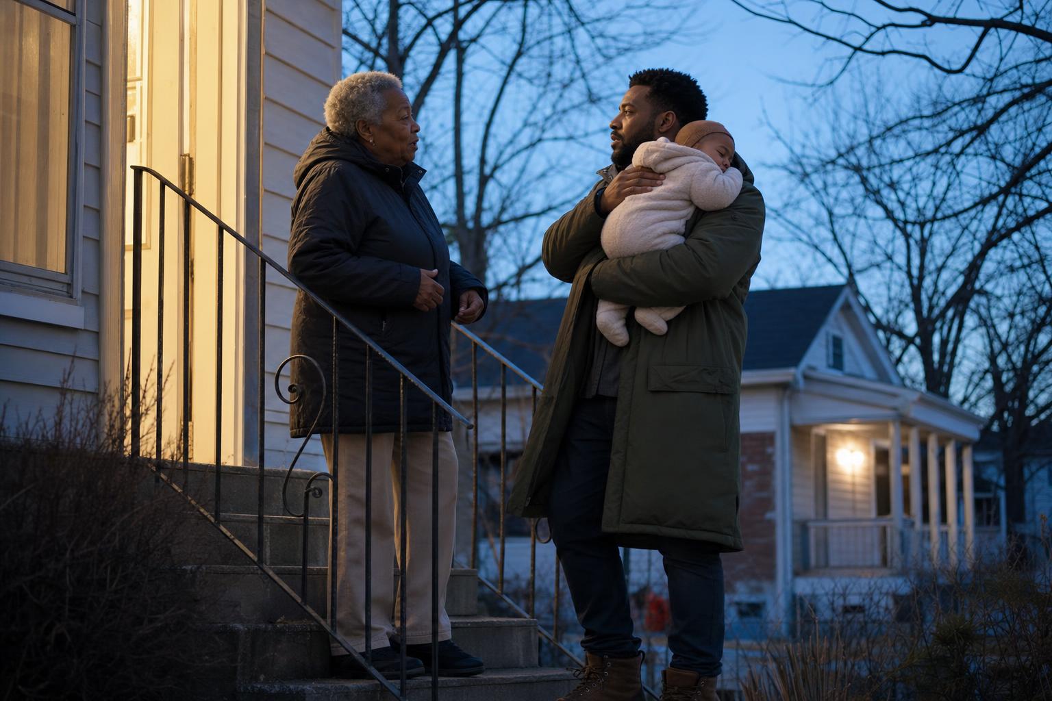 A grandmother and her adult son stand talking on the front steps of a house at dusk in late winter, the son holding his sleeping infant against his shoulder.