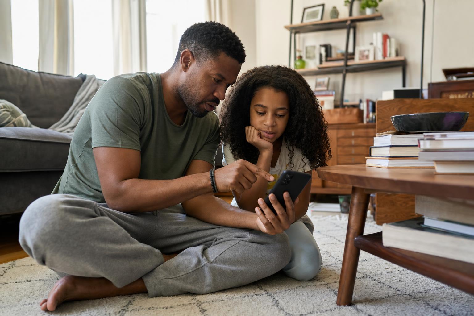 A father and his young daughter sit together on a living room couch on a weekend morning, looking at a phone together in soft window light.