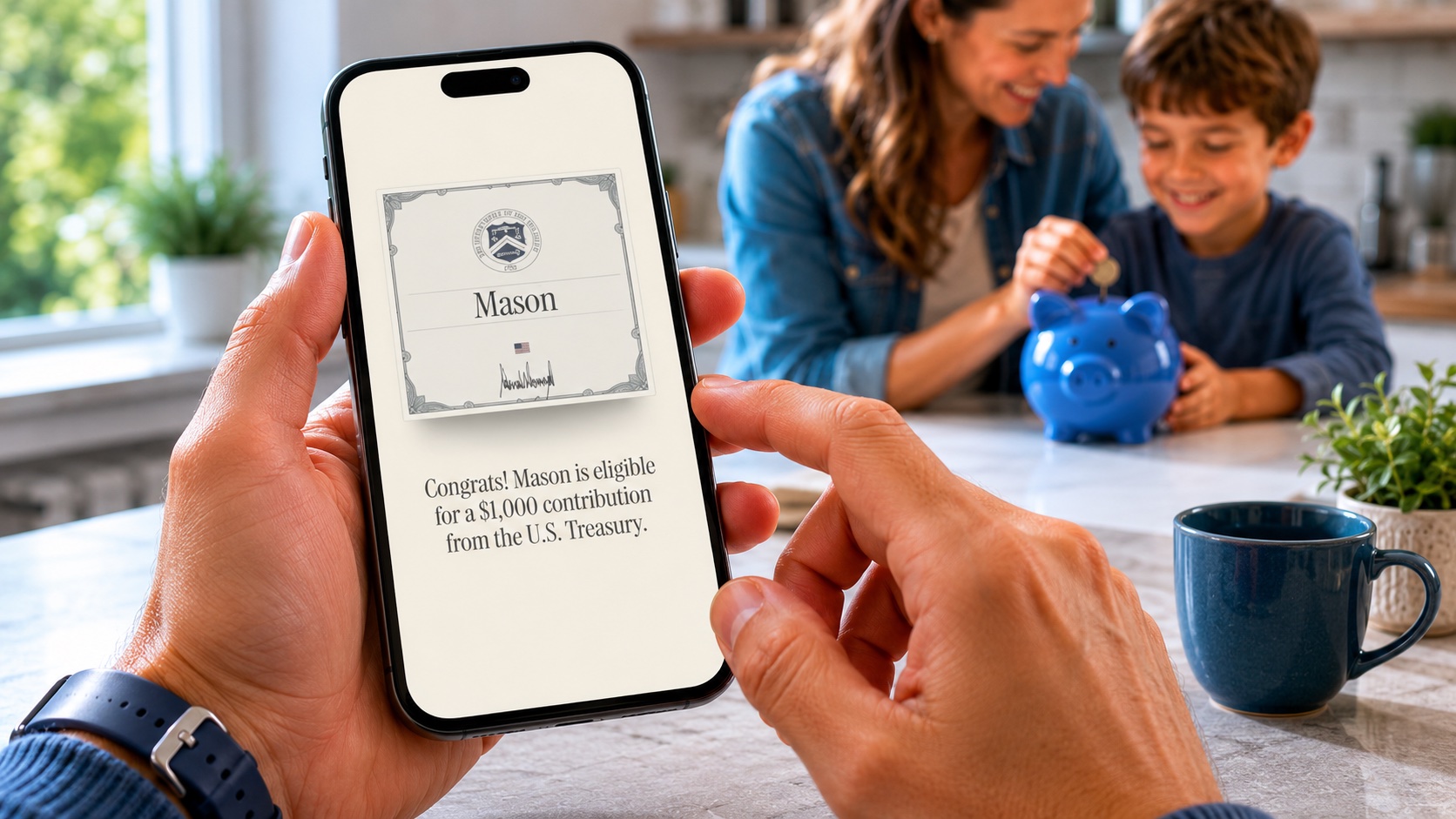 A parent holds a smartphone showing the Trump Accounts app congratulating their child on $1,000 federal eligibility, with the child placing a coin in a blue piggy bank in soft focus behind.
