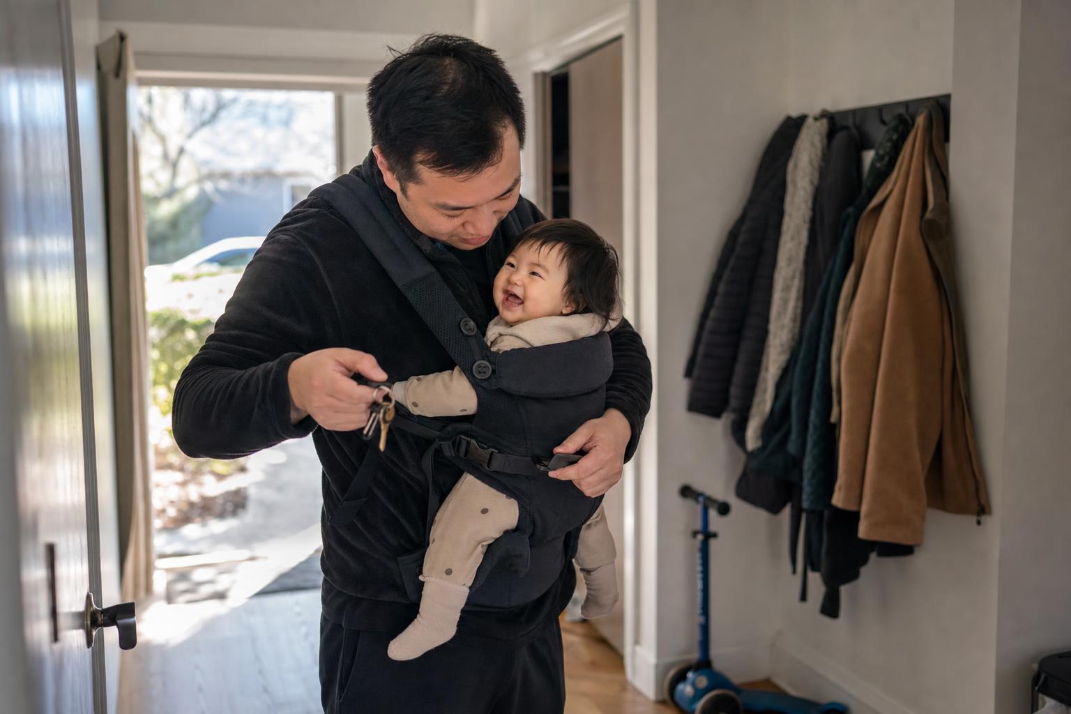 A father clips his baby into a carrier in an apartment entryway.