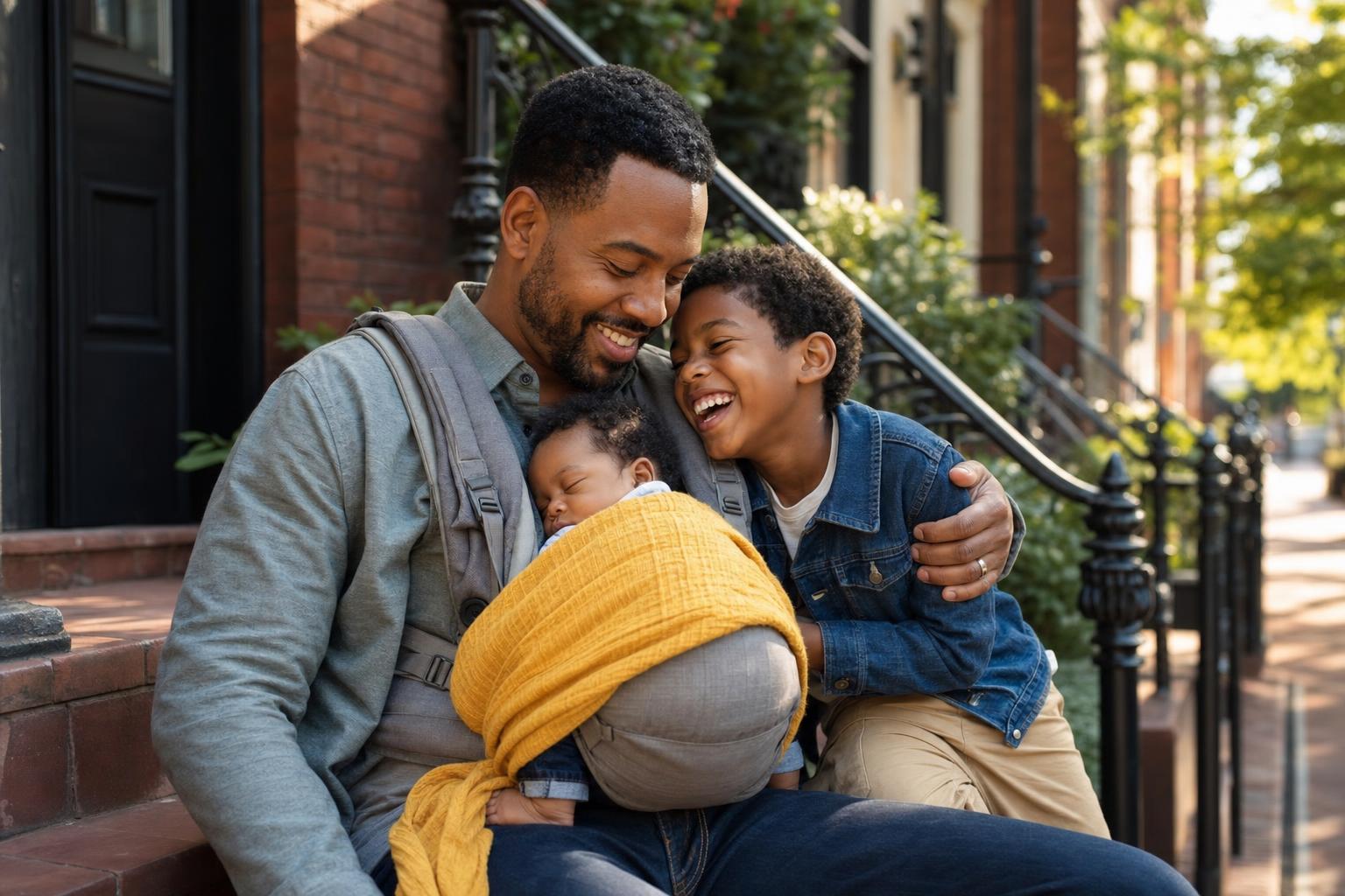 A father sits on the front steps of a city rowhouse in golden evening light with his newborn in a carrier and his young son leaning against his shoulder.