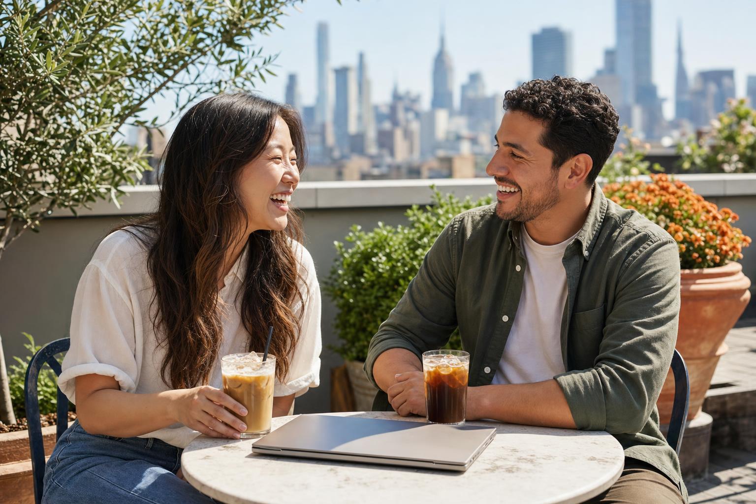 Two friends in their early thirties laugh over iced coffee at a table on a sunny city rooftop terrace, the skyline behind them.