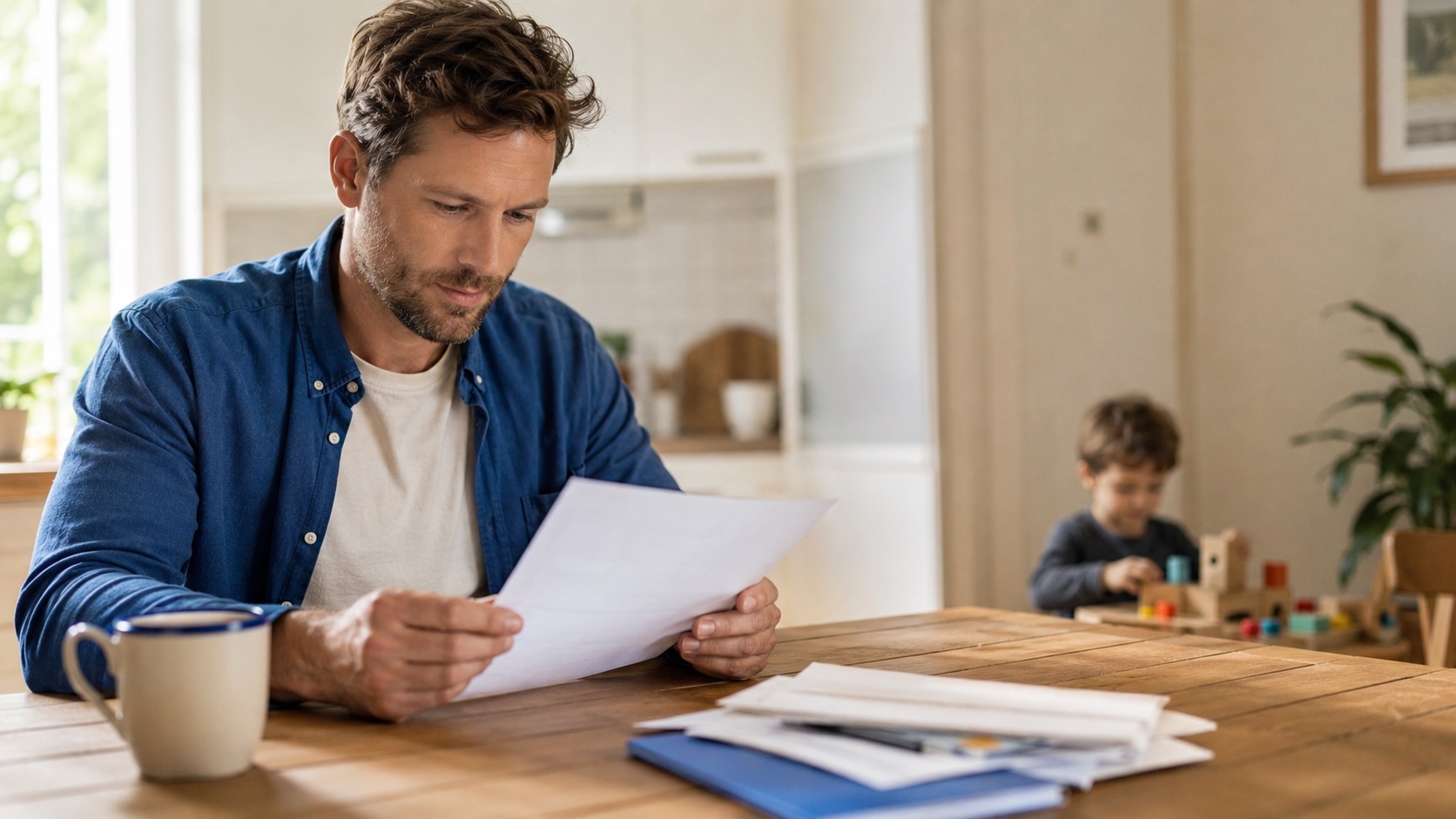 Father reviews paperwork at a kitchen table while his young son plays with wooden blocks in the background
