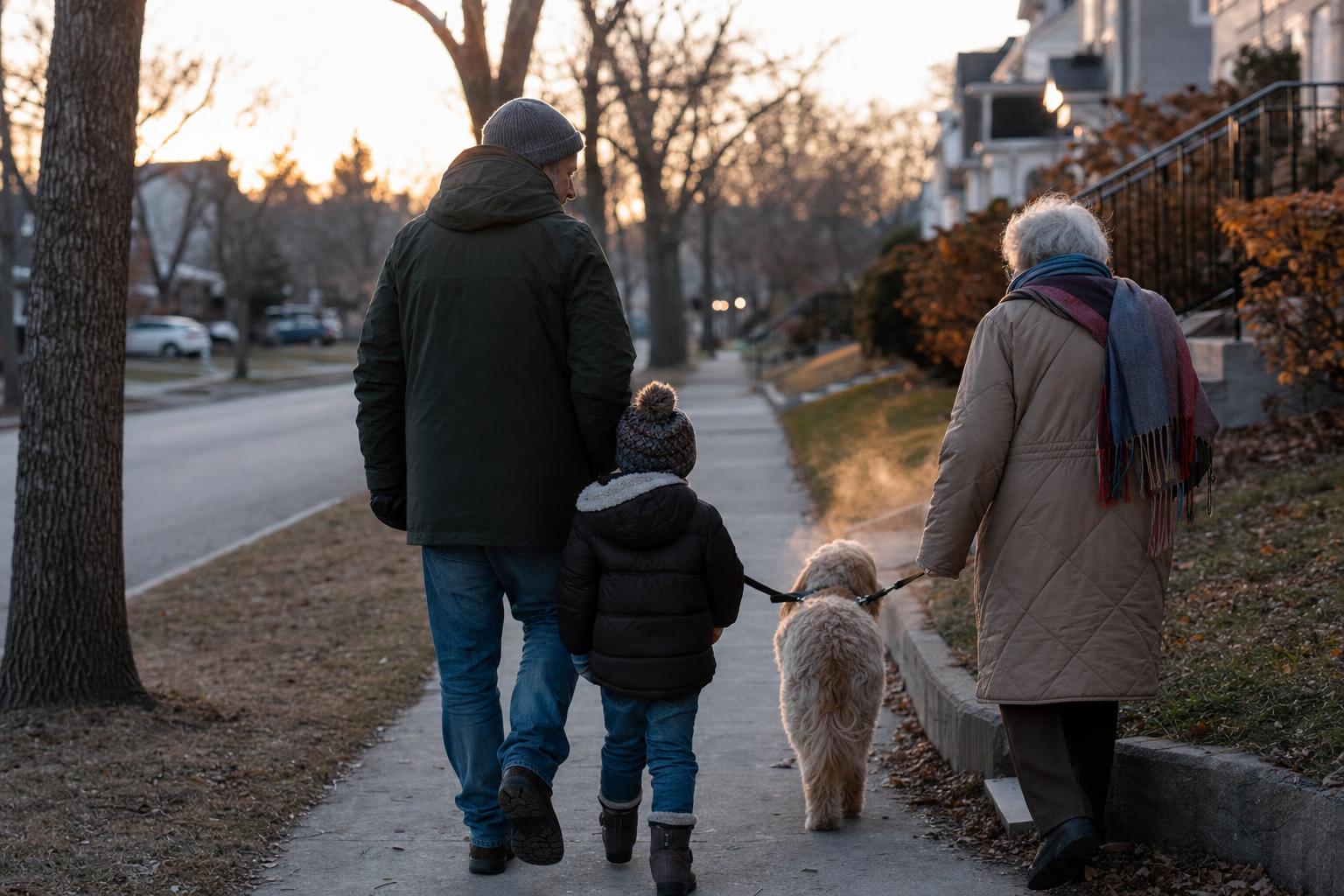 A grandmother, father, and child walk their dog at dusk.