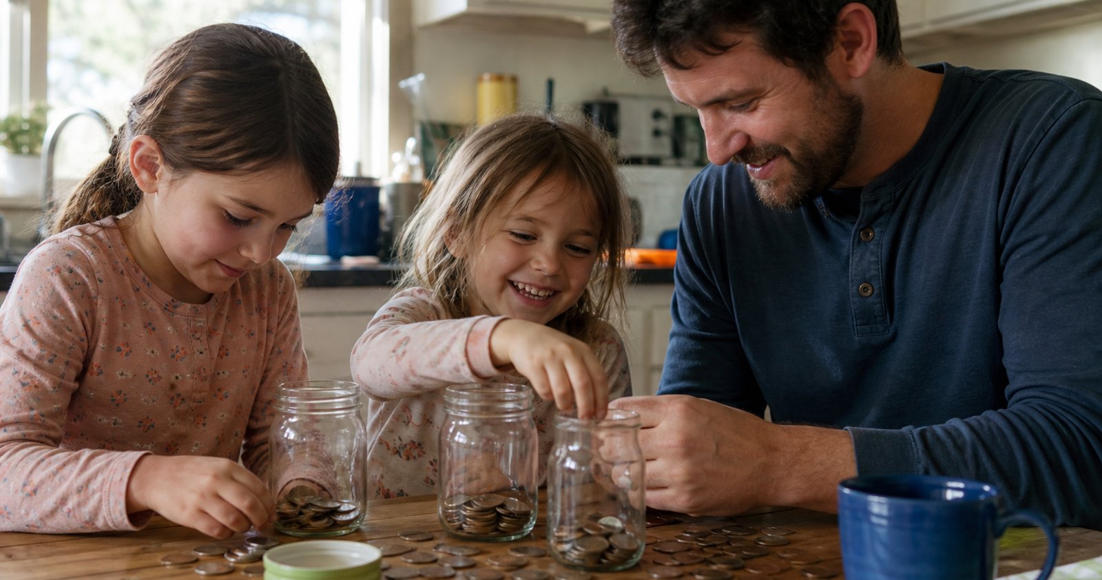 A father and his two young daughters sort coins into three glass jars on a kitchen table in soft morning light, the younger girl reaching for a coin.