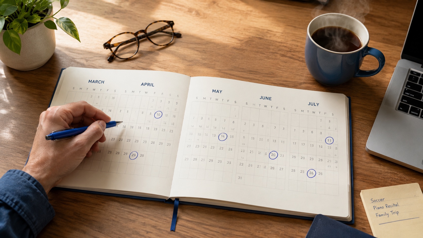 A six-month paper planner open from March through July with key dates circled in blue ink, on a sunlit wood desk with a steaming coffee mug, reading glasses, and a laptop.