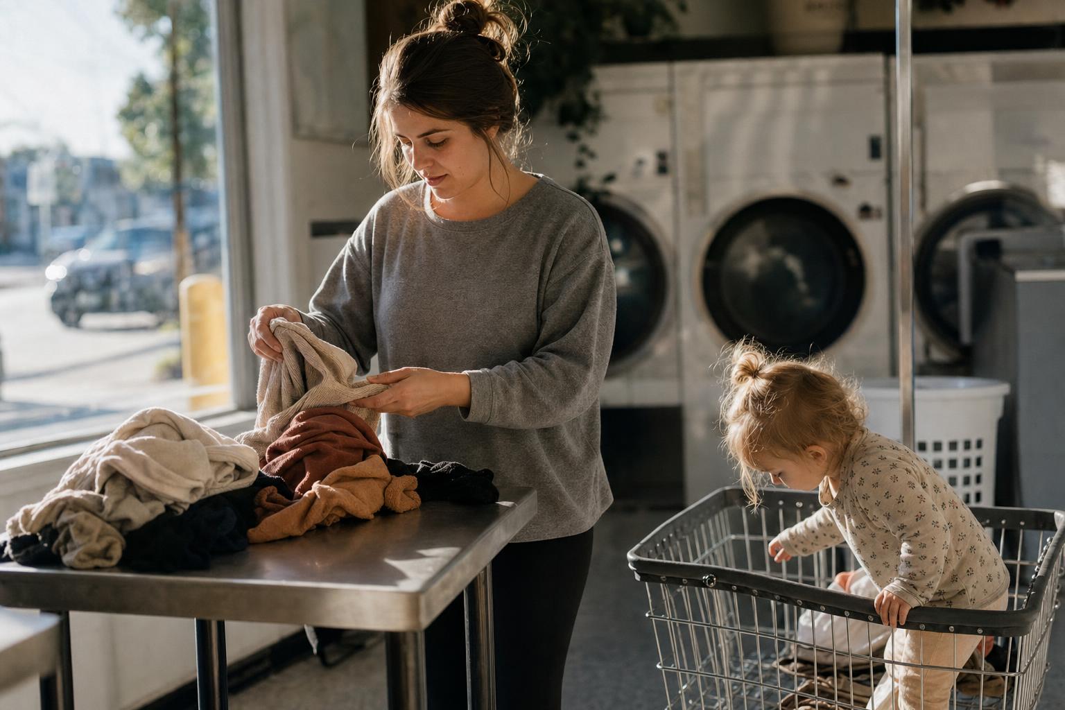 A mother folds laundry at a laundromat while her toddler plays nearby.